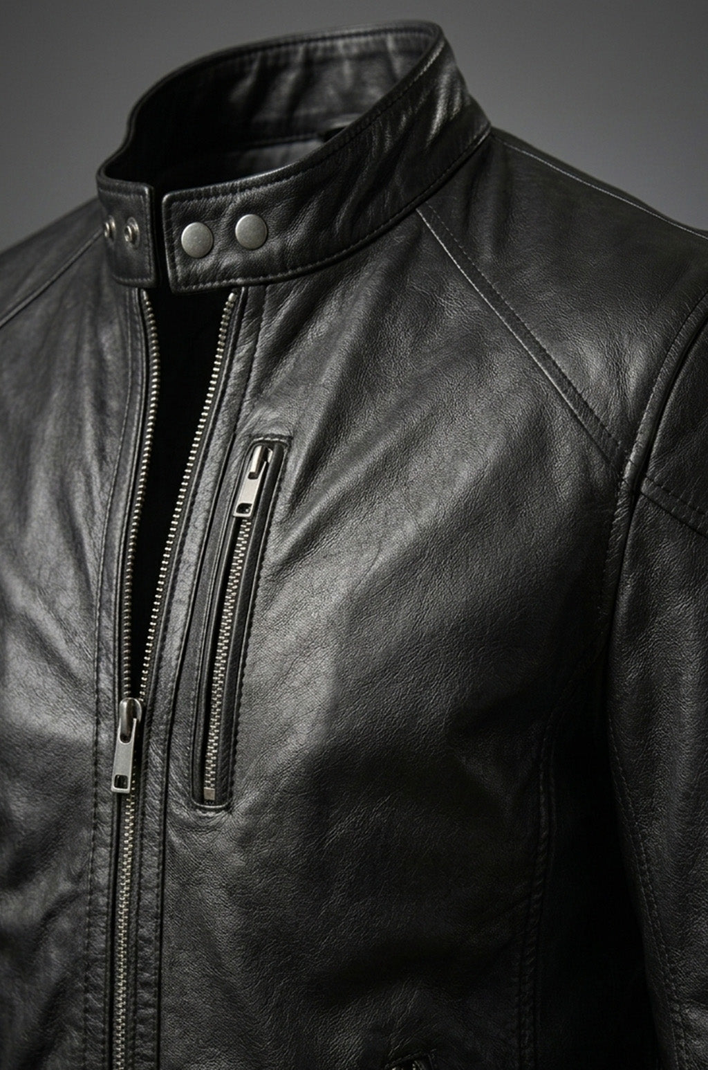 Close-up of a black leather jacket with a zipper on a dark background