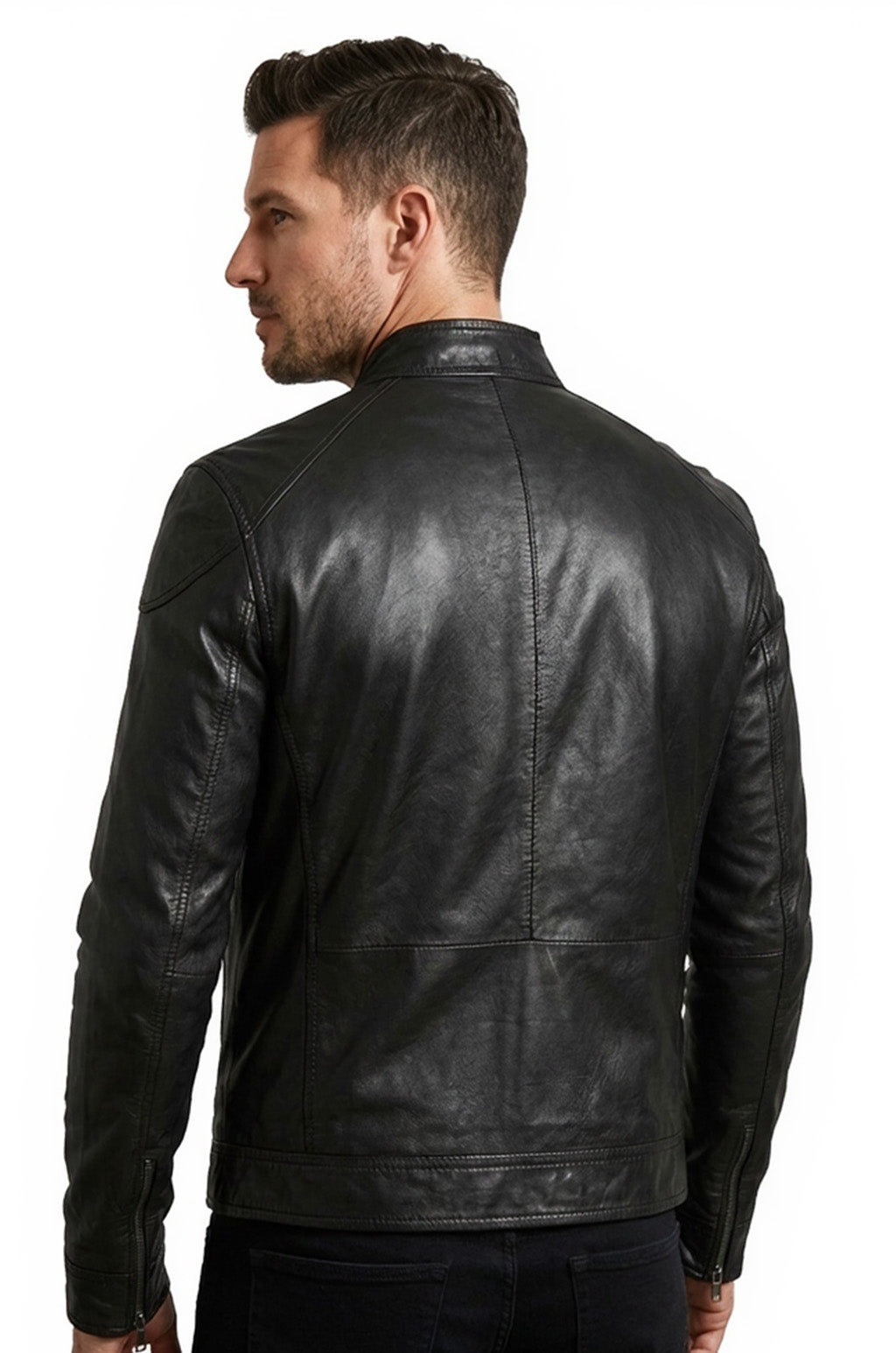 Man wearing a black leather jacket on a white background