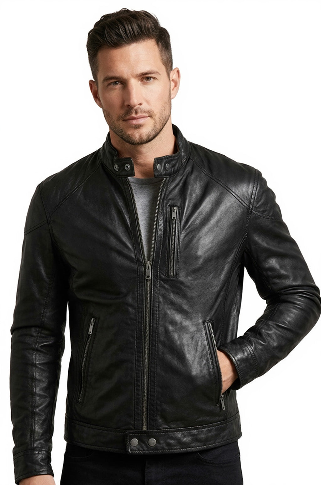 Man wearing a black leather jacket on a white background