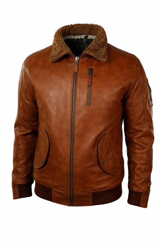 M030 Men's Genuine Leather Hooded Fur Bomber Retro Aviator Brown Stylish Jacket