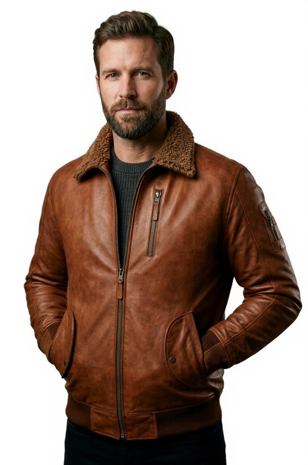 M030 Men's Genuine Leather Hooded Fur Bomber Retro Aviator Brown Stylish Jacket