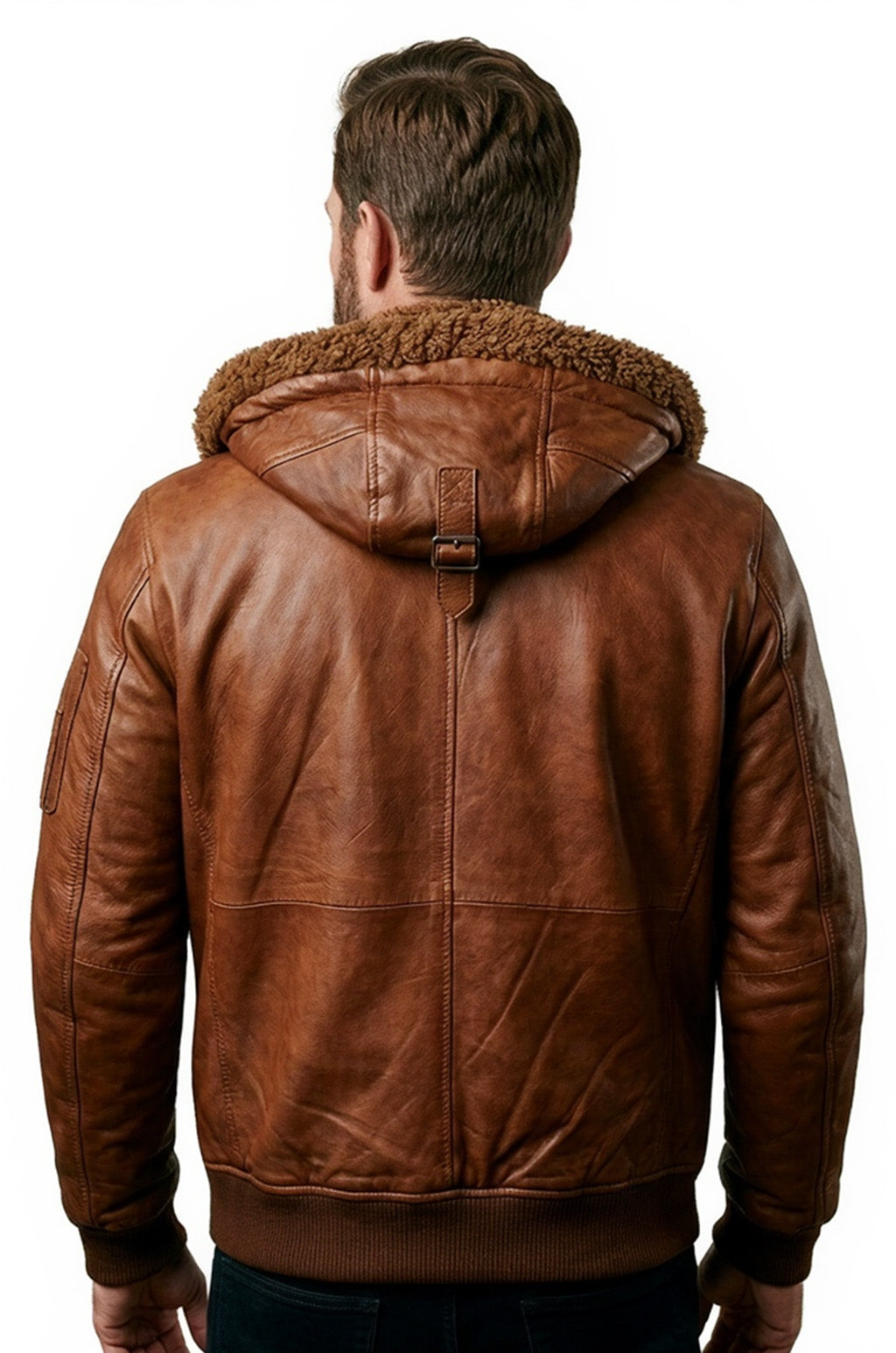 M030 Men's Genuine Leather Hooded Fur Bomber Retro Aviator Brown Stylish Jacket