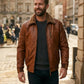 M030 Men's Genuine Leather Hooded Fur Bomber Retro Aviator Brown Stylish Jacket