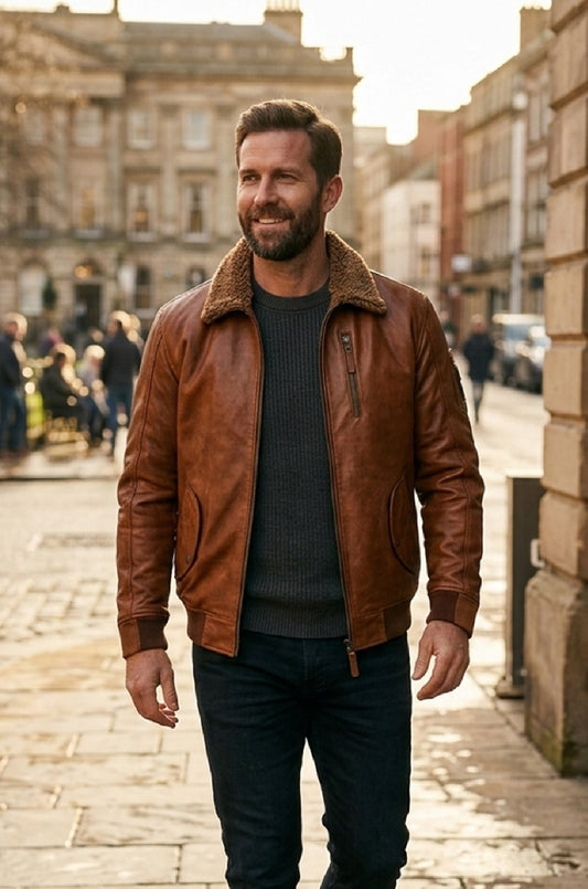 M030 Men's Genuine Leather Hooded Fur Bomber Retro Aviator Brown Stylish Jacket