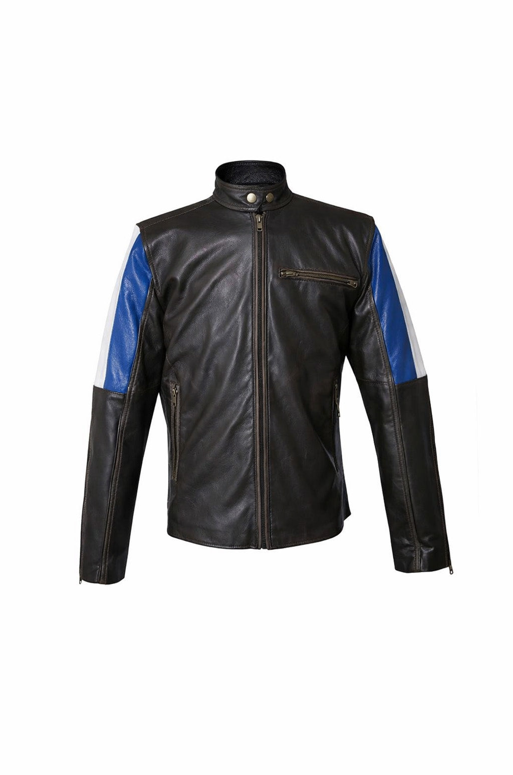 M032 Men's Genuine Leather Cafe Racer Brown France Flag Jacket