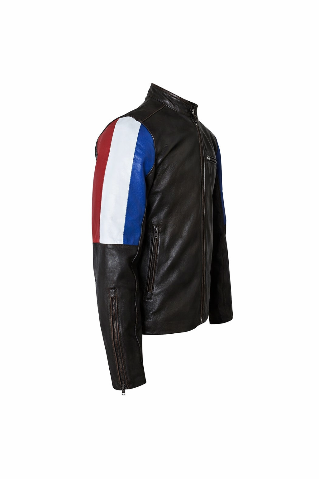 M032 Men's Genuine Leather Cafe Racer Brown France Flag Jacket