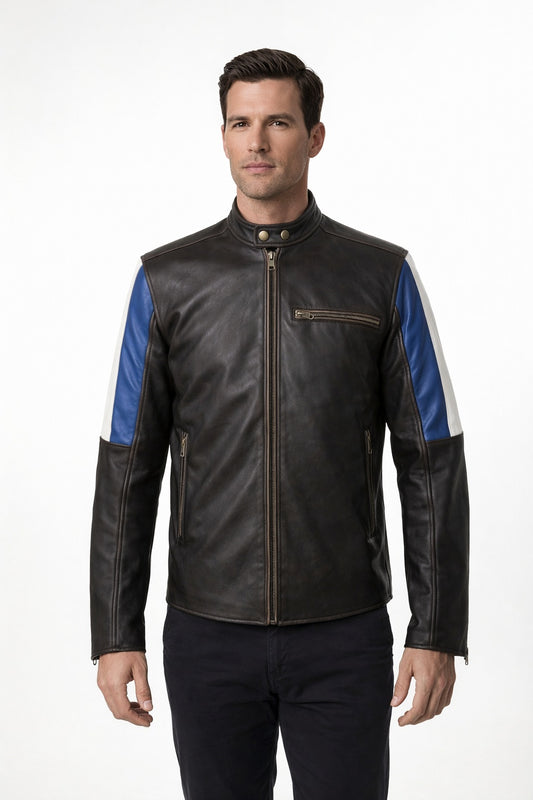 M032 Men's Genuine Leather Cafe Racer Brown France Flag Jacket