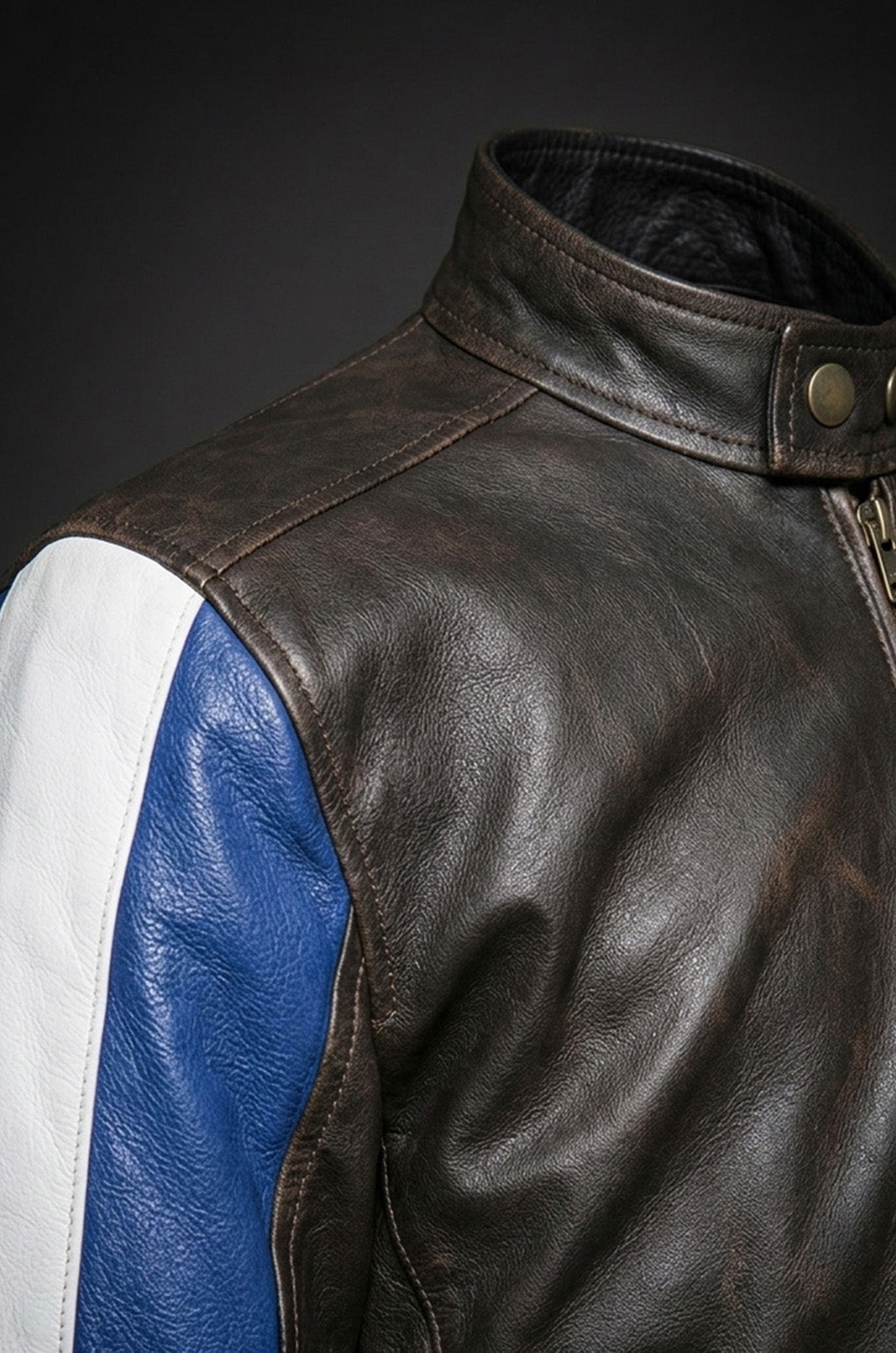 M032 Men's Genuine Leather Cafe Racer Brown France Flag Jacket