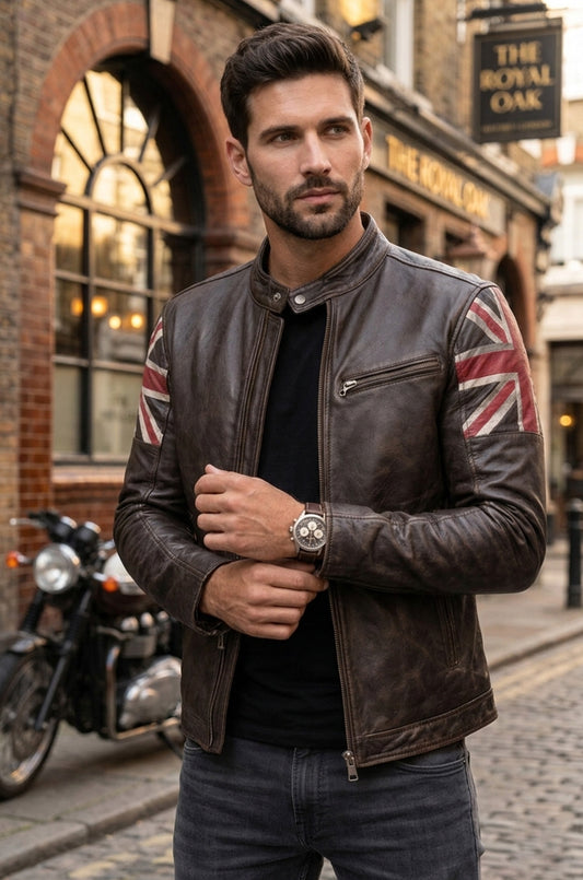 UK Flag M034 Cafe Racer Stylish Brown Biker Vintage Men's Jacket