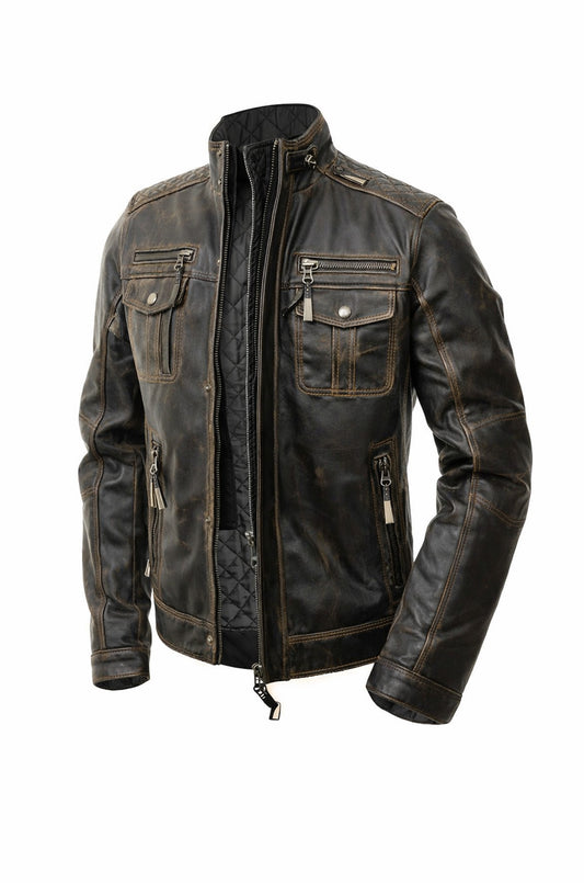 Brown leather jacket with zippers on a white background