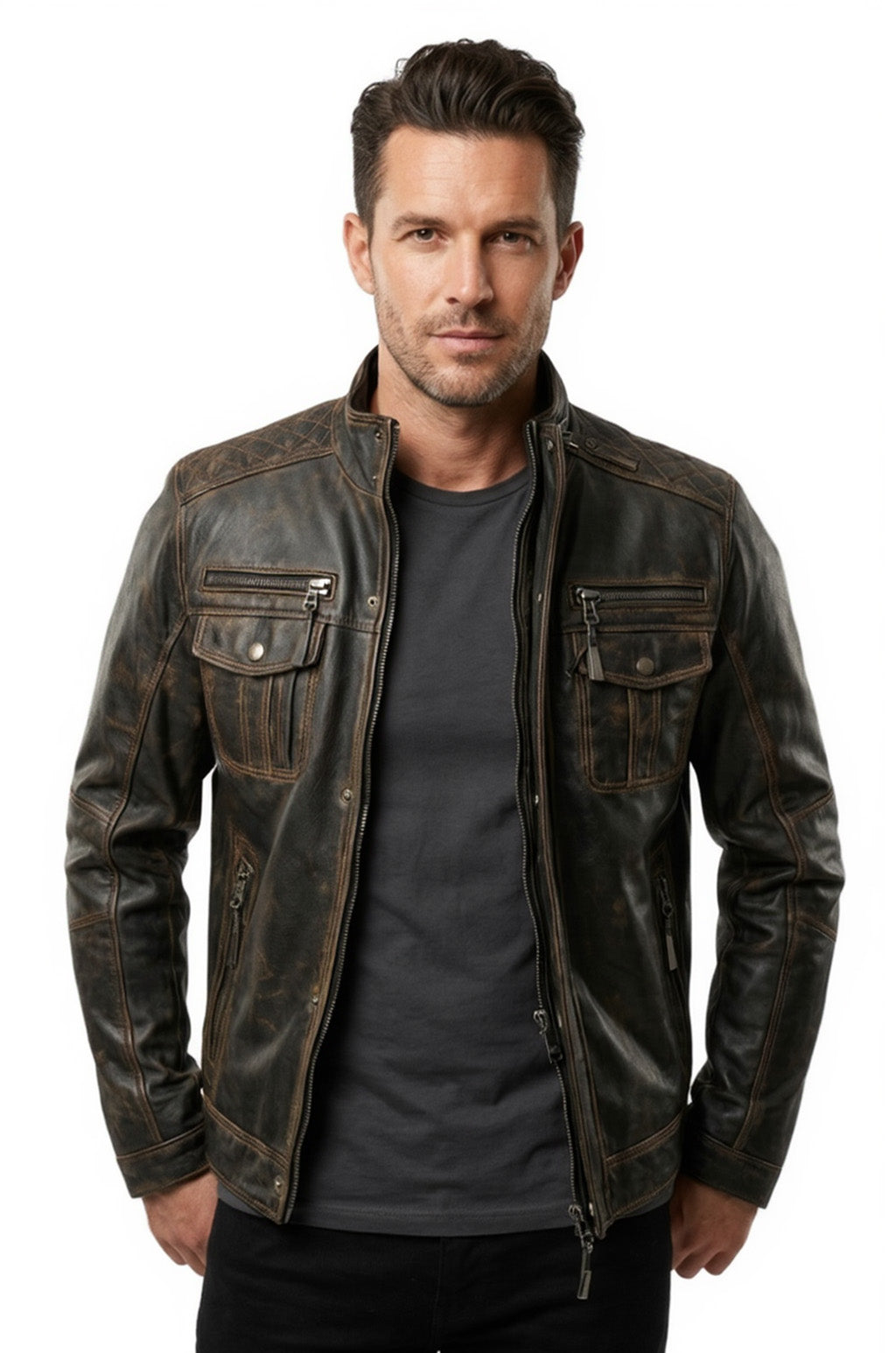 New M036 Multi Zipper Distressed Casual Wear Biker  Men's Jacket