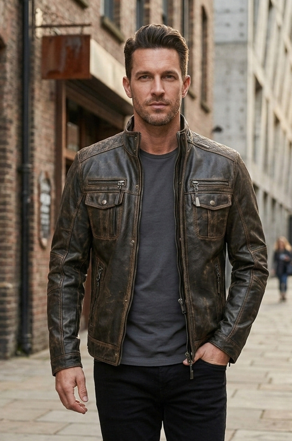 New M036 Multi Zipper Distressed Casual Wear Biker  Men's Jacket