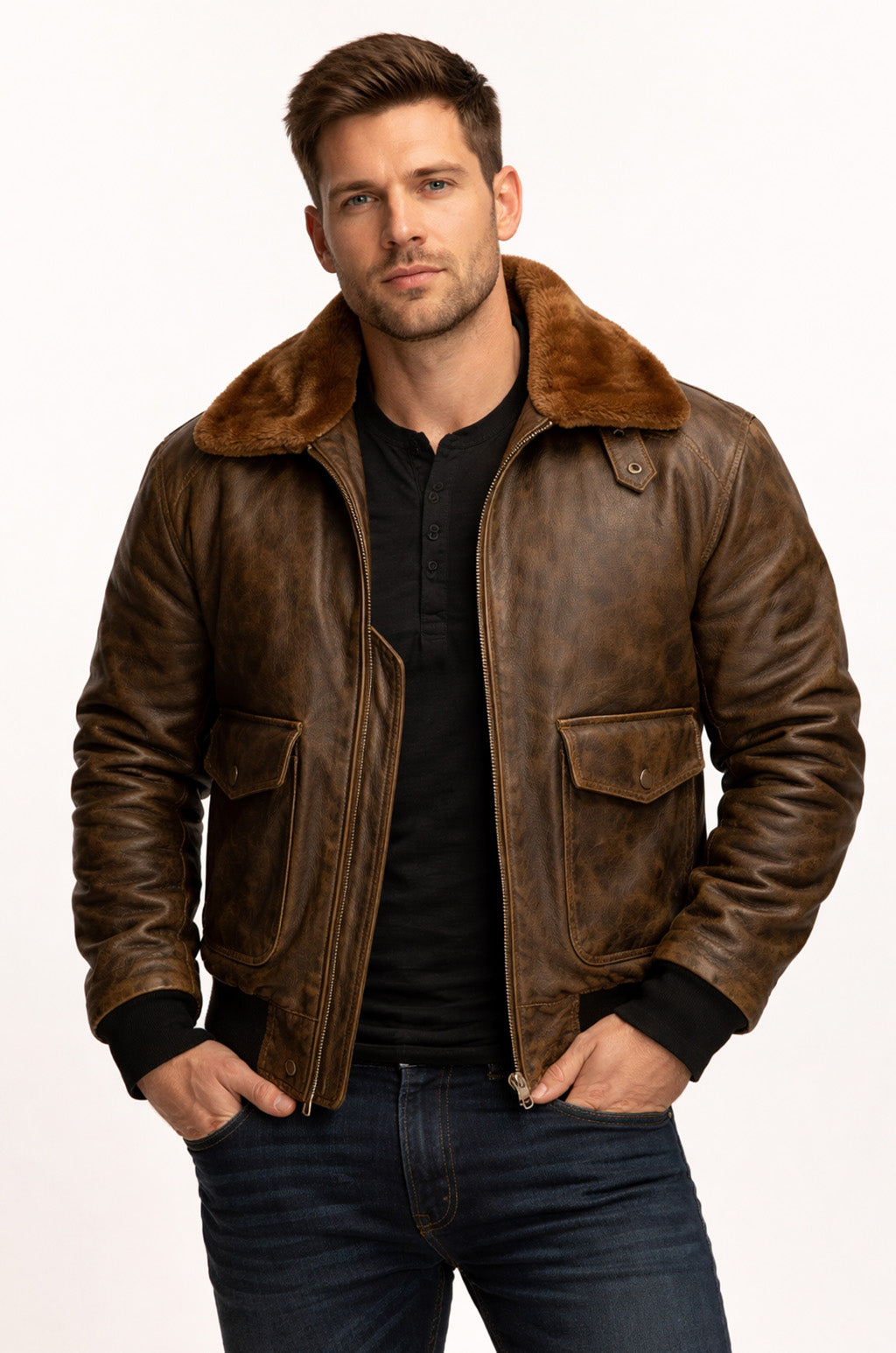 M037 Aviator A-2 Real Bomber Flight Jacket Distressed Brown Men's Leather Jacket
