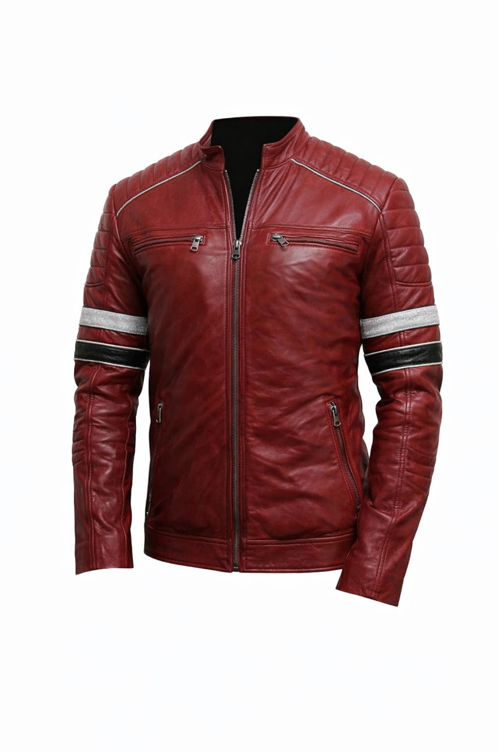 M038 Red Bomber Biker Real Leather Men's Stylish Motorcycle Jacket