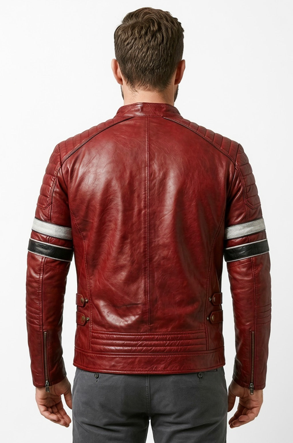 M038 Red Bomber Biker Real Leather Men's Stylish Motorcycle Jacket
