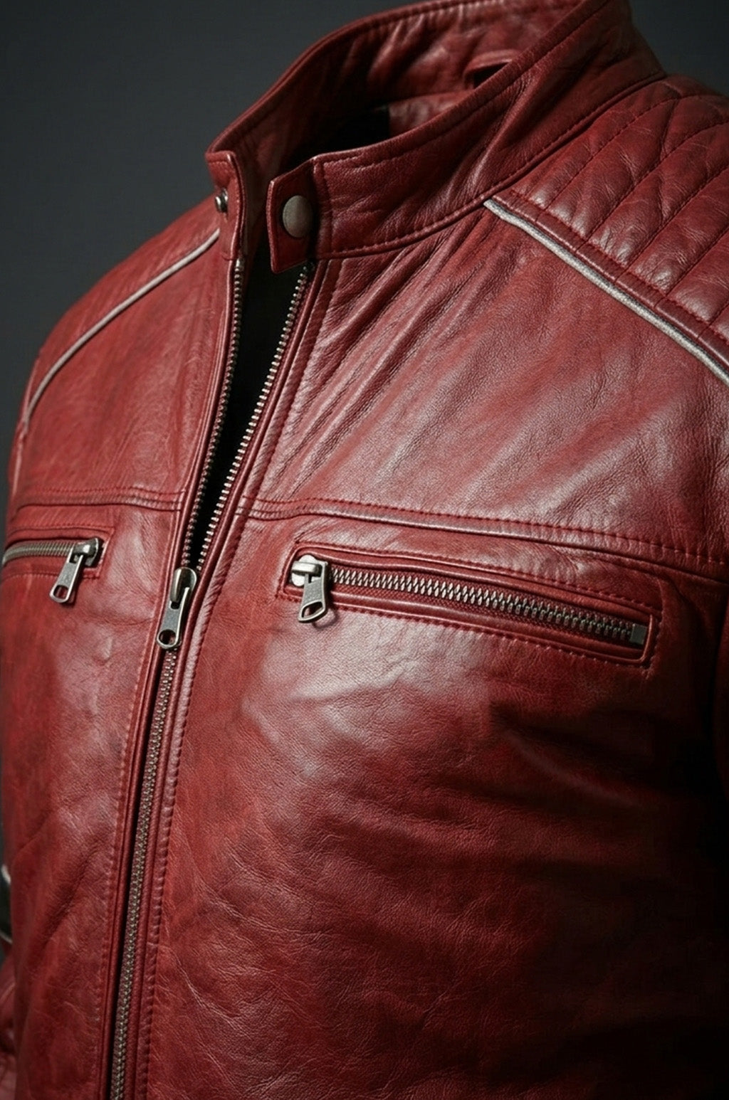 M038 Red Bomber Biker Real Leather Men's Stylish Motorcycle Jacket