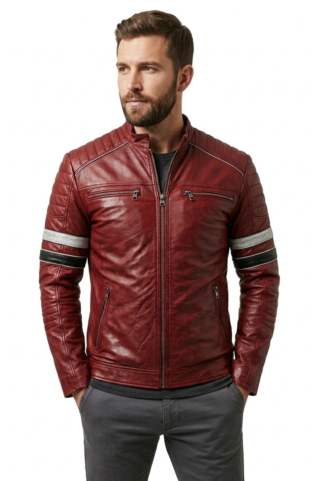 M038 Red Bomber Biker Real Leather Men's Stylish Motorcycle Jacket