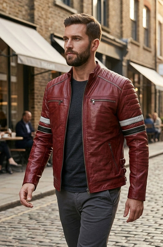 M038 Red Bomber Biker Real Leather Men's Stylish Motorcycle Jacket