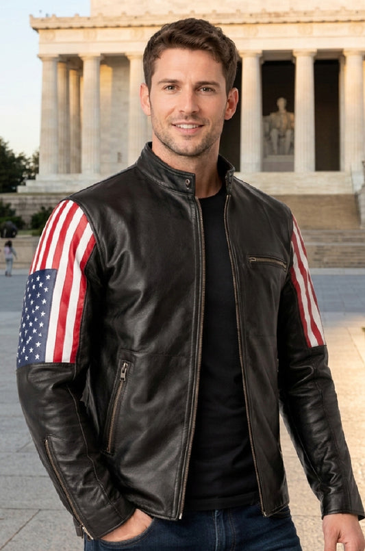 M039 New Style 2019 Racer US Flag Men's Leather Jacket