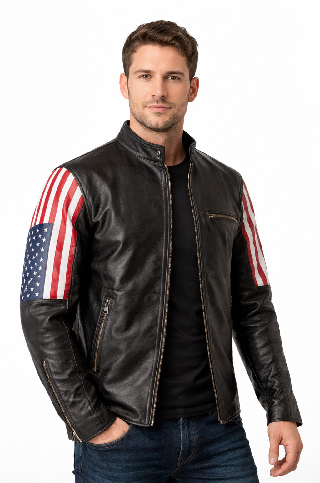 M039 New Style 2019 Racer US Flag Men's Leather Jacket