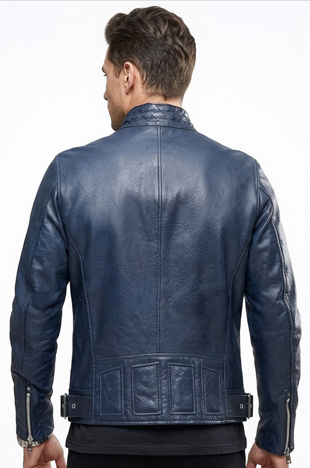 M041 Navy Blue Motorcycle Leather Style Classic Men's Genuine Biker Jacket