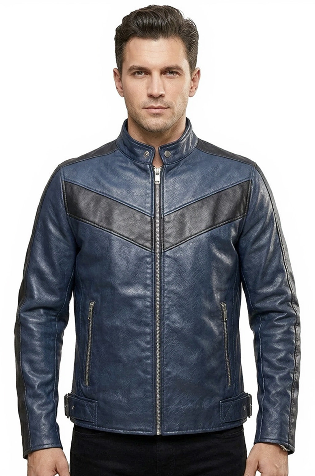 M041 Navy Blue Motorcycle Leather Style Classic Men's Genuine Biker Jacket