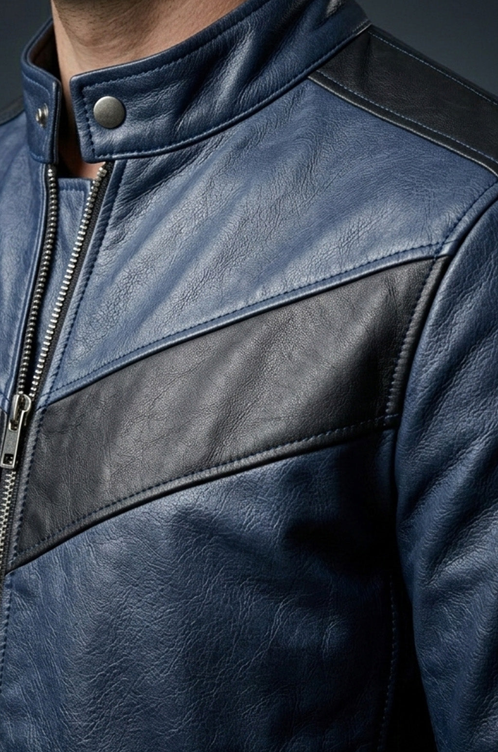 M041 Navy Blue Motorcycle Leather Style Classic Men's Genuine Biker Jacket