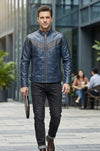 M041 Navy Blue Motorcycle Leather Style Classic Men's Genuine Biker Jacket