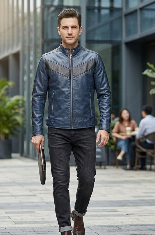 M041 Navy Blue Motorcycle Leather Style Classic Men's Genuine Biker Jacket