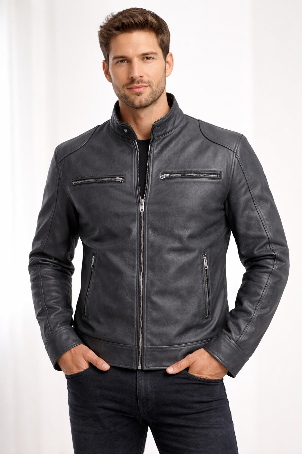 Cafe Racer Retro M042 Men's Black Real Leather Jacket 2020