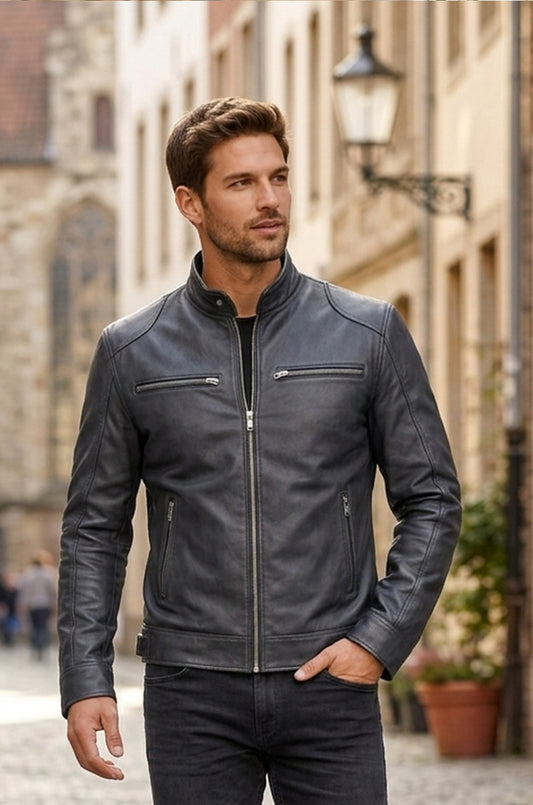 Cafe Racer Retro M042 Men's Black Real Leather Jacket 2020