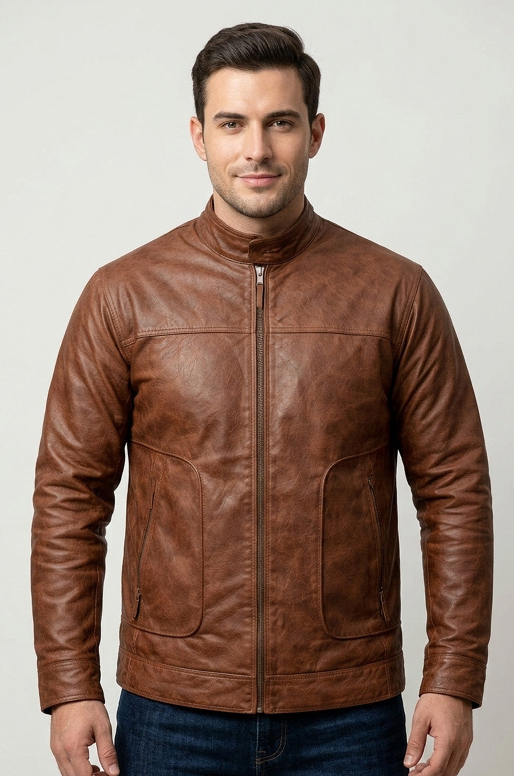 M043 Wax Men's Vintage Style Retro Brown Distressed CowHide Leather Jacket