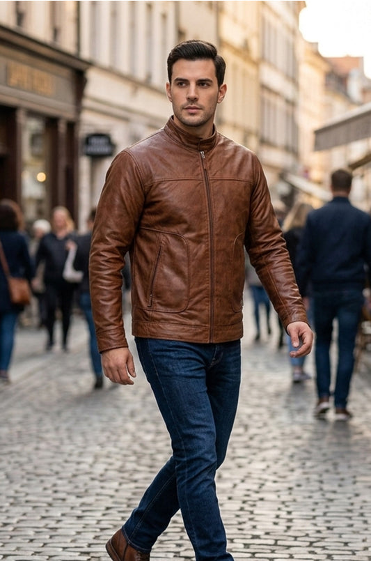 M043 Wax Men's Vintage Style Retro Brown Distressed CowHide Leather Jacket