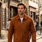 M045 Men Style Brown Ribbed Genuine Suede Leather Jacket Vintage Coat