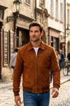 M045 Men Style Brown Ribbed Genuine Suede Leather Jacket Vintage Coat