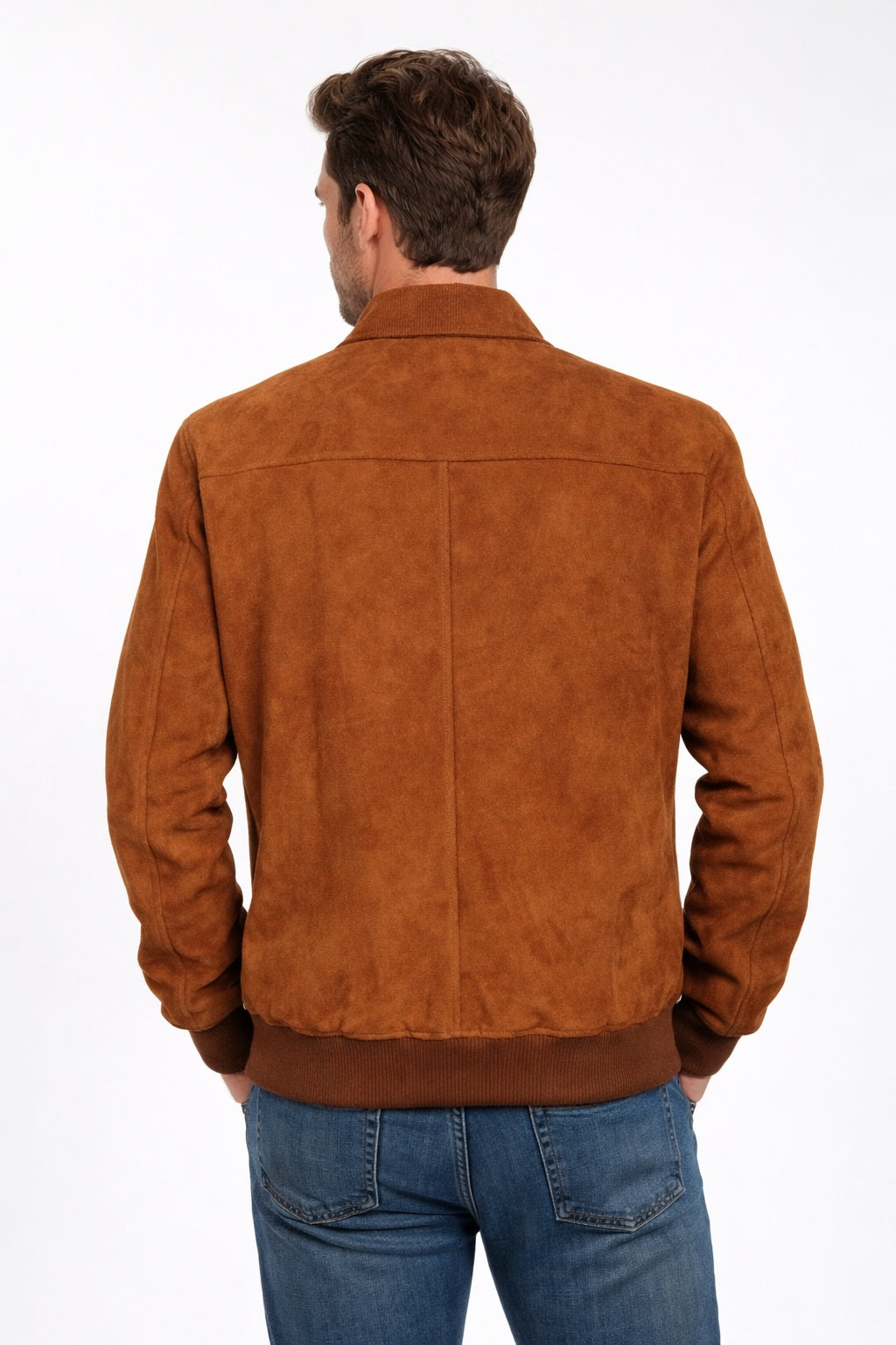 M045 Men Style Brown Ribbed Genuine Suede Leather Jacket Vintage Coat