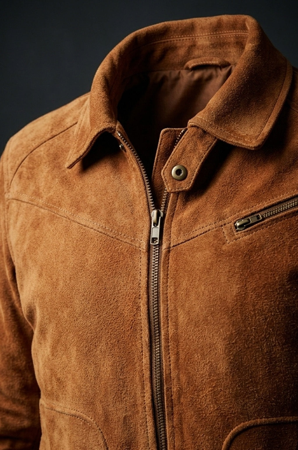 M045 Men Style Brown Ribbed Genuine Suede Leather Jacket Vintage Coat