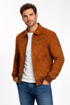 M045 Men Style Brown Ribbed Genuine Suede Leather Jacket Vintage Coat