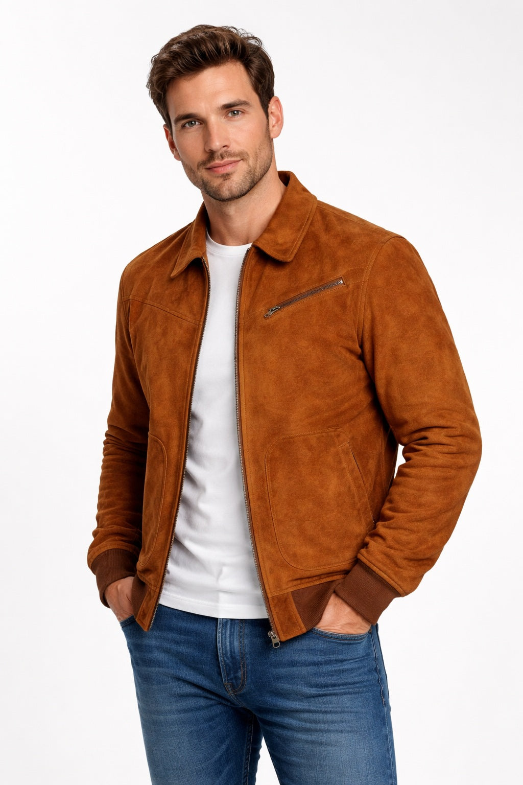 M045 Men Style Brown Ribbed Genuine Suede Leather Jacket Vintage Coat