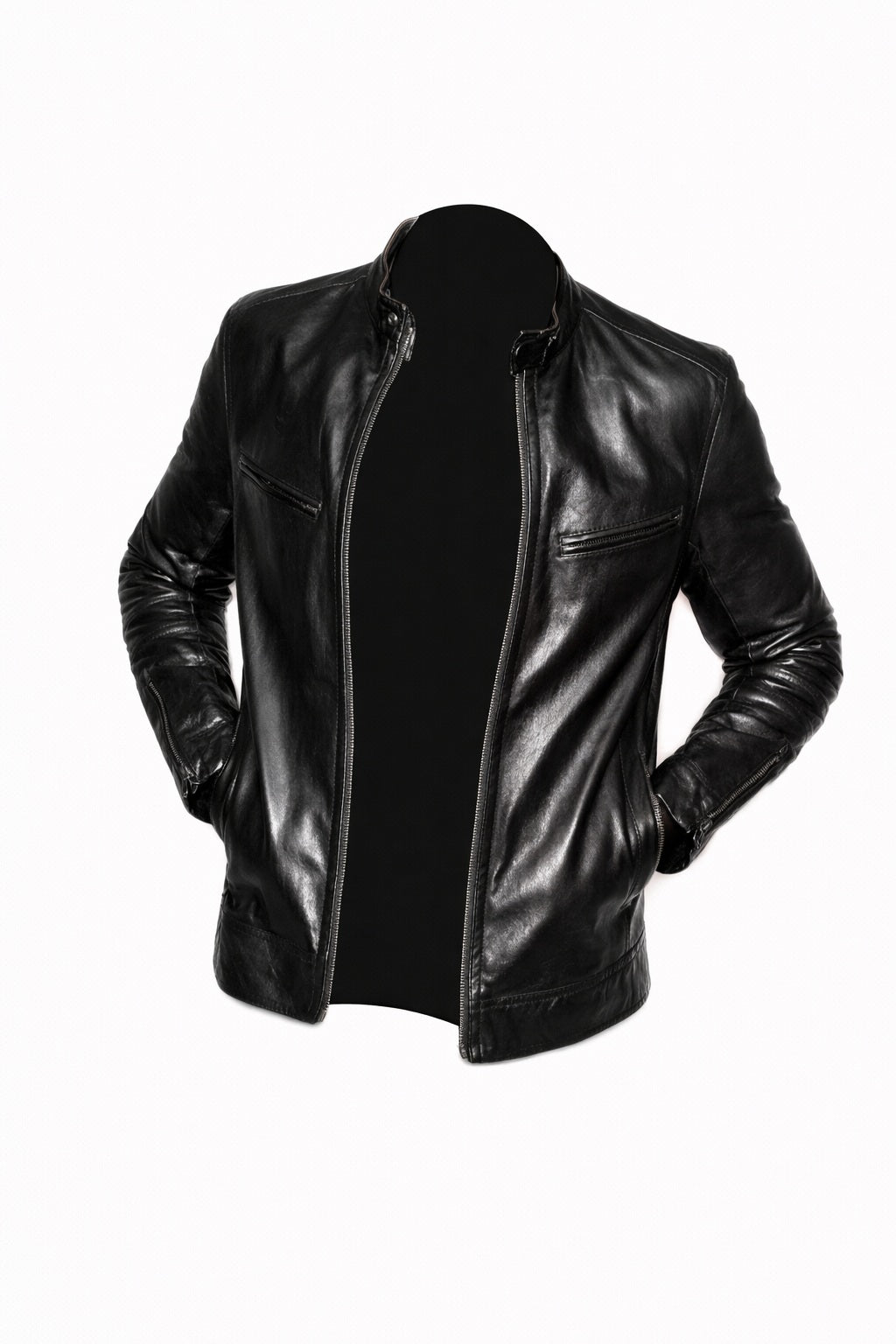 M046 Cafe Racer Genuine Leather Men's Biker Jacket Black Motorcycle Coat