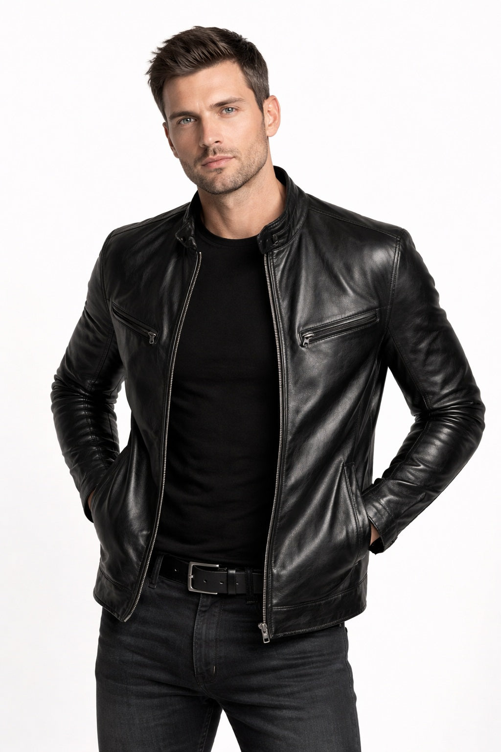 M046 Cafe Racer Genuine Leather Men's Biker Jacket Black Motorcycle Coat