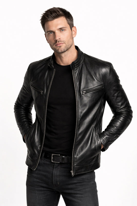 M046 Cafe Racer Genuine Leather Men's Biker Jacket Black Motorcycle Coat