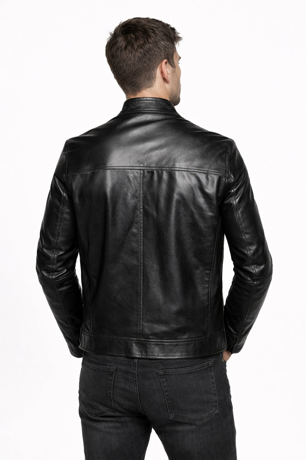 M046 Cafe Racer Genuine Leather Men's Biker Jacket Black Motorcycle Coat