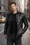 M046 Cafe Racer Genuine Leather Men's Biker Jacket Black Motorcycle Coat