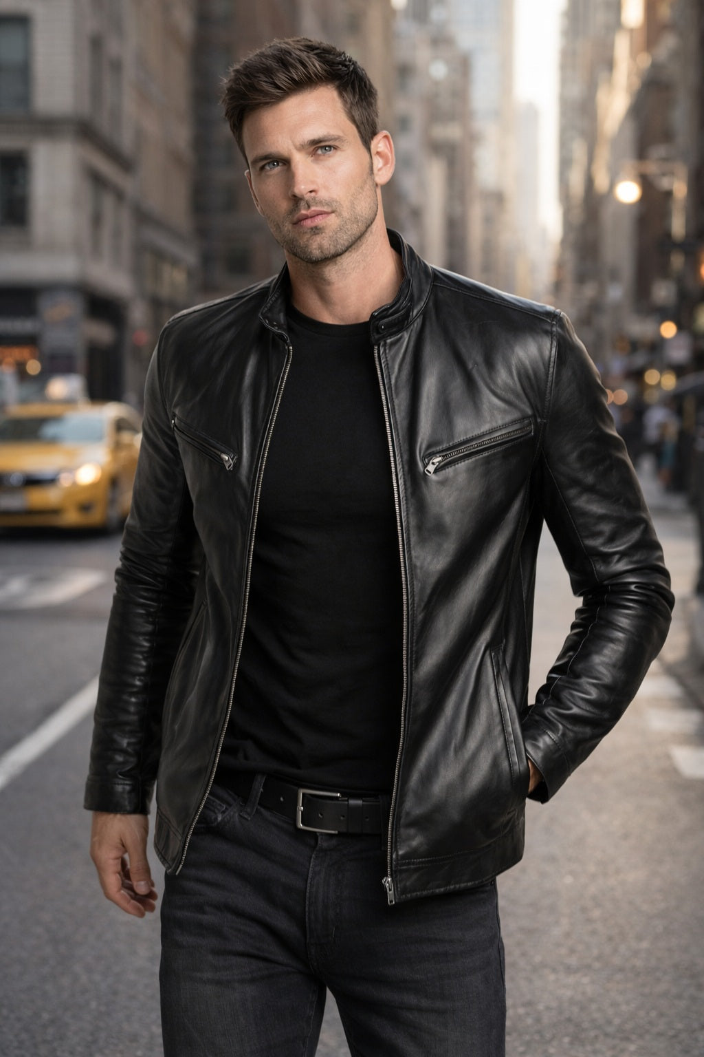 M046 Cafe Racer Genuine Leather Men's Biker Jacket Black Motorcycle Coat