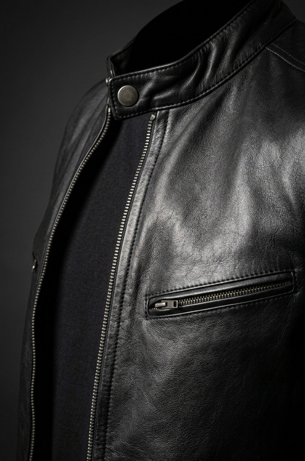 M046 Cafe Racer Genuine Leather Men's Biker Jacket Black Motorcycle Coat