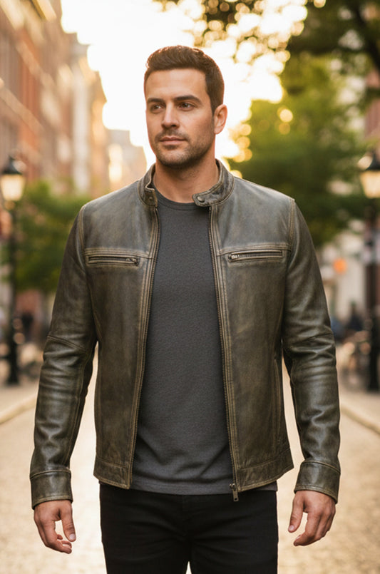 M048 Vintage Style Motorcycle Distressed Wax Biker Racer Jacket