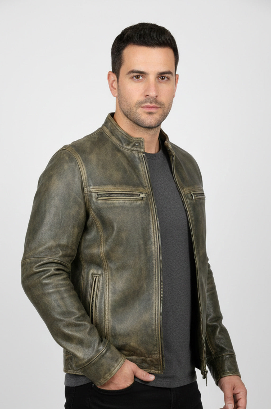 M048 Vintage Style Motorcycle Distressed Wax Biker Racer Jacket