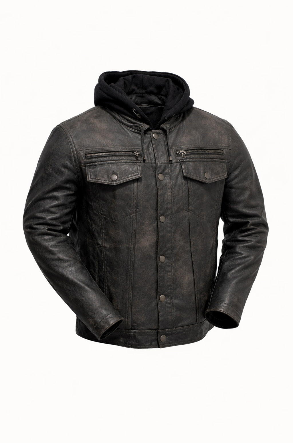 M050 Biker Black Hood Motorcycle Coat Latest Men's Real Leather Jacket