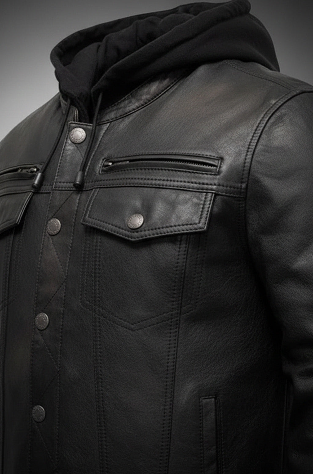 M050 Biker Black Hood Motorcycle Coat Latest Men's Real Leather Jacket